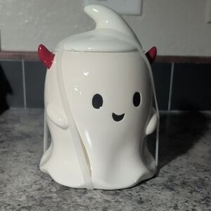 Cute Ghost Ceramic Cookie Jar with Red Horns